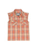 Front view of melon red kid's pearl snap western plaid vest