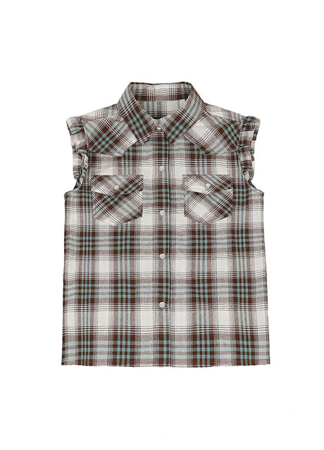 Front view of turquoise kid's pearl snap western plaid vest