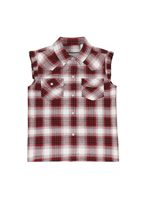 Front view of wine kid's pearl snap western plaid vest