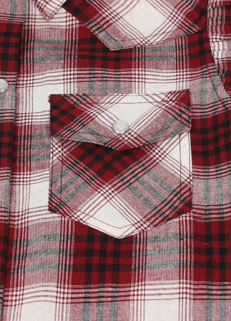 Kid's western wine plaid vest chest pockets with foldover flaps