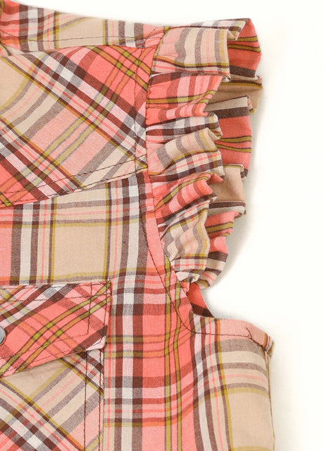 Close-up of kid's pearl snap plaid vest sleeveless cuffs  with falbala design