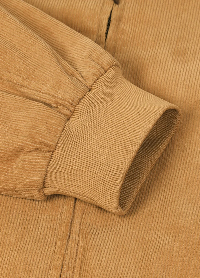 Close-up of the cuff of camel brown men's winter vintage corduroy solid jacket