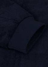 Close-up of the cuff of navy men's winter vintage corduroy solid jacket