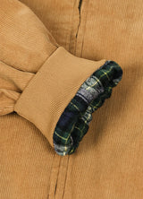 Detailed view of the cuff of camel brown men's vintage corduroy solid jacket with flannel lining