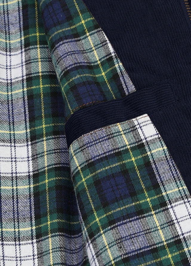 Close-up of the inner pocket of navy men's cozy corduroy solid shirt jacket