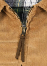 Close-up of the zipper of camel brown men's warm corduroy solid jacket 