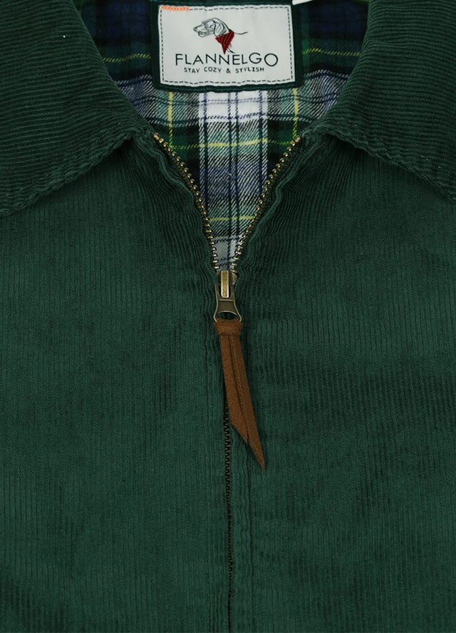 Close-up of the zipper of moss men's warm corduroy solid jacket 