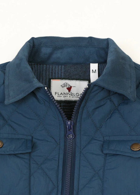 Detailed view of kid's navy zip-up shirt jacket with suede at neckline 