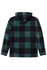 Back view of green men's fleece lined shirt with hood