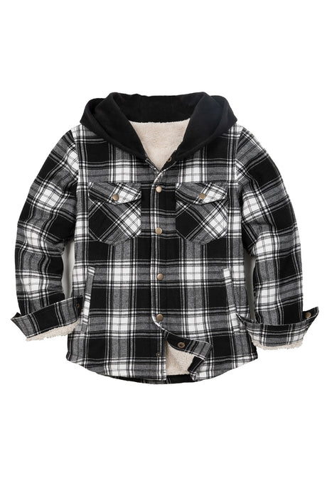 Front view of kids fleece-lined black white flannel jacket