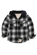 Front view of black white toddler sherpa lined snap flannel hoodie