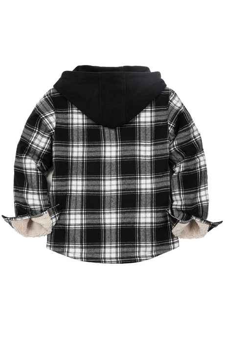 Back view of black white toddler sherpa lined snap flannel plaid hoodie