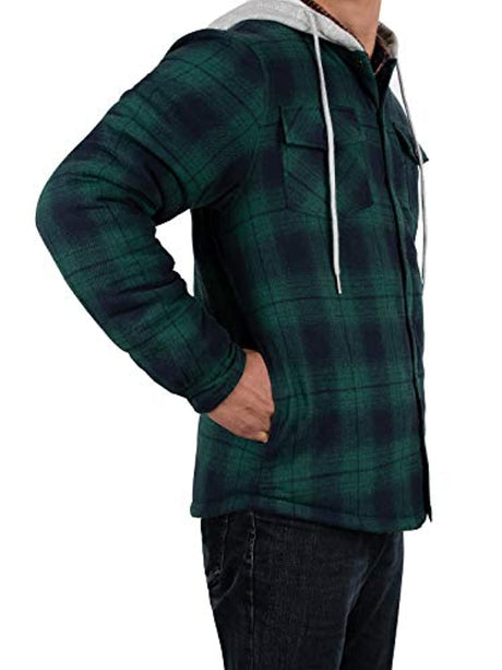 Man standing sideways in a forest green men's button down plaid flannel jacket with hood