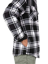 Side view of a man in black white men's cozy flannel shirt jacket with hood