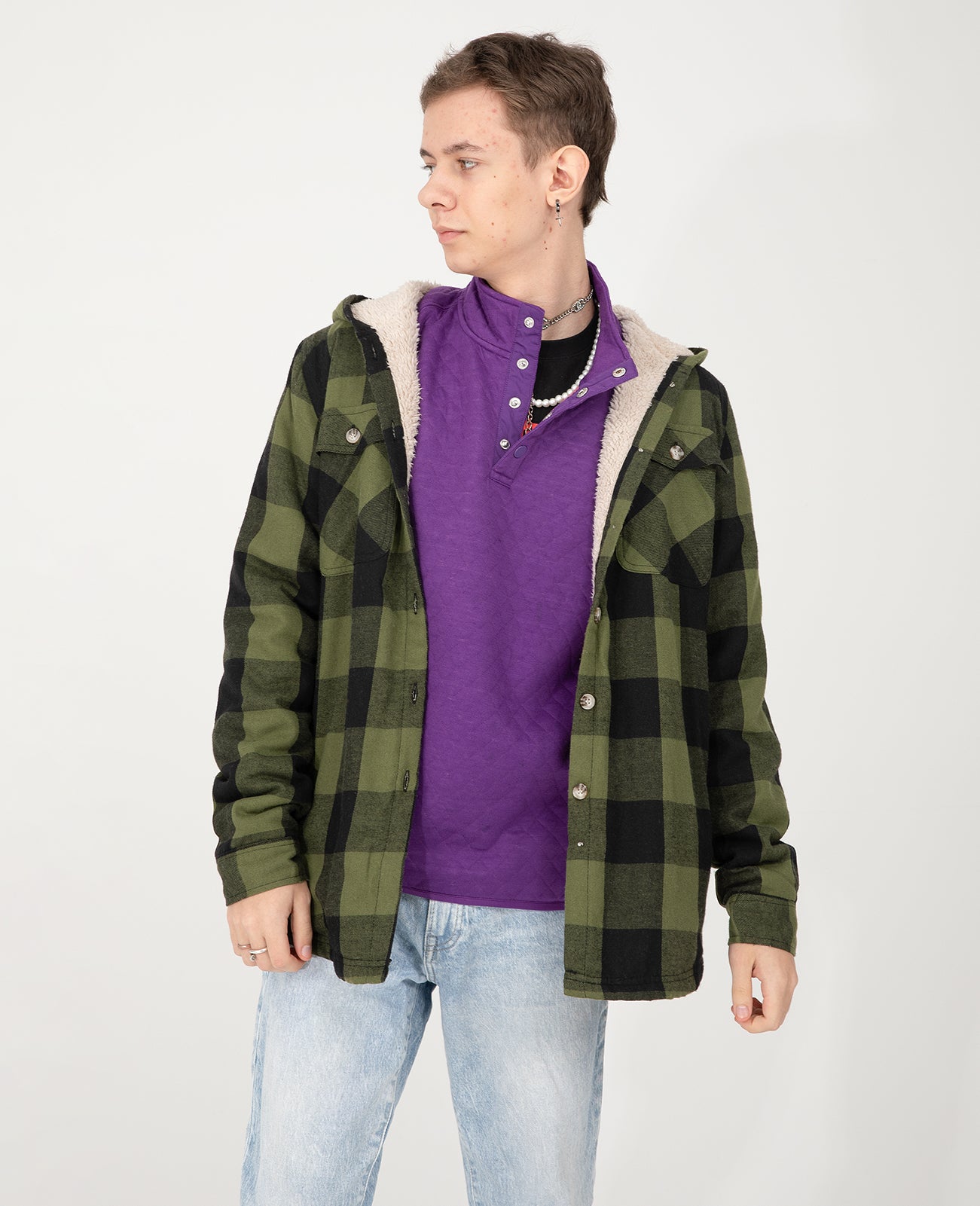 Checkered shirt over online hoodie