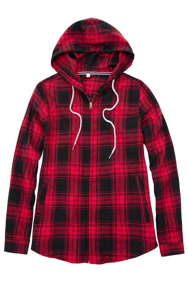 Women's Hooded Plaid Brushed Flannel Shirt, Full Zip Flannel Hoodie