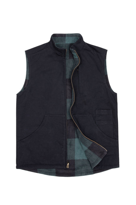 Front view of black green plaid men's reversible vest