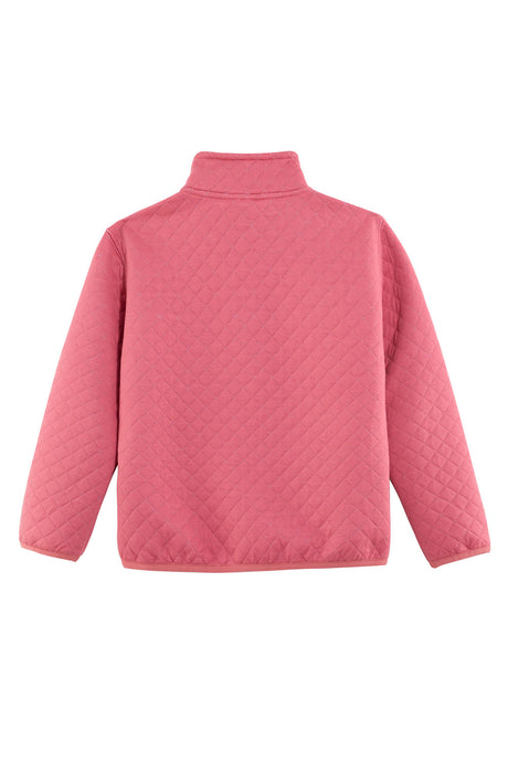 Back view of kids pink ultra soft quilted fleece pullover mountain outdoor shirt