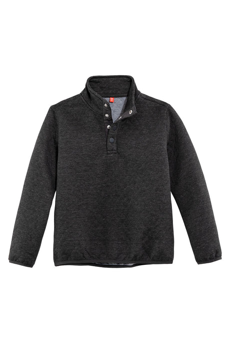 Front view of kids charcoal heather pullover mountain outdoor shirt