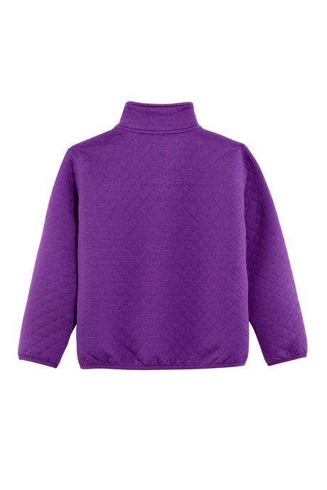 Back view of kids purple fleece pullover shirt with ultra soft quilted