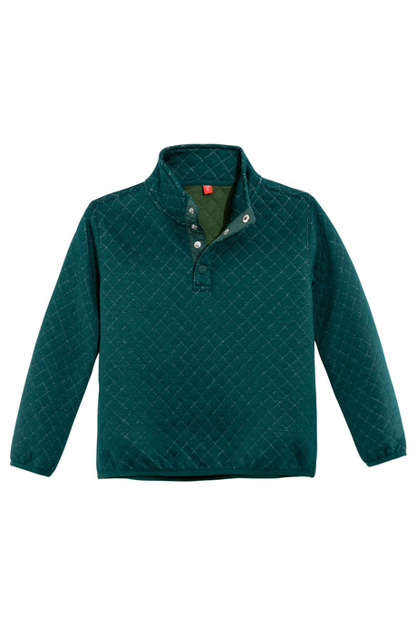 Front view of kids ink green fleece pullover mountain outdoor shirt