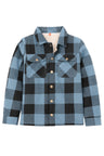 Front view of blue black toddler sherpa lined snap flannel plaid shacket