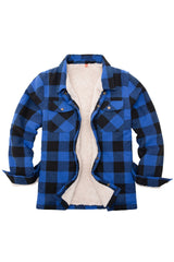 Front view of checkered blue toddler sherpa lined snap flannel plaid shacket