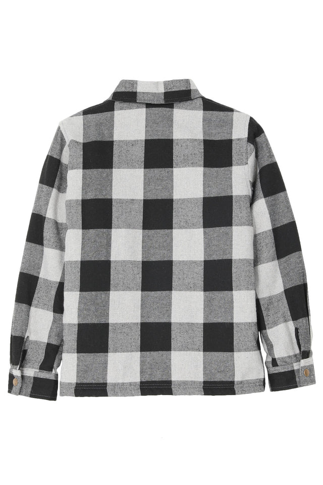 Back view of checkered grey toddler sherpa lined flannel plaid shacket