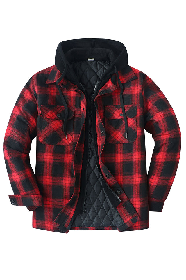 Front view of red men's thicken plaid hooded flannel shirt jacket