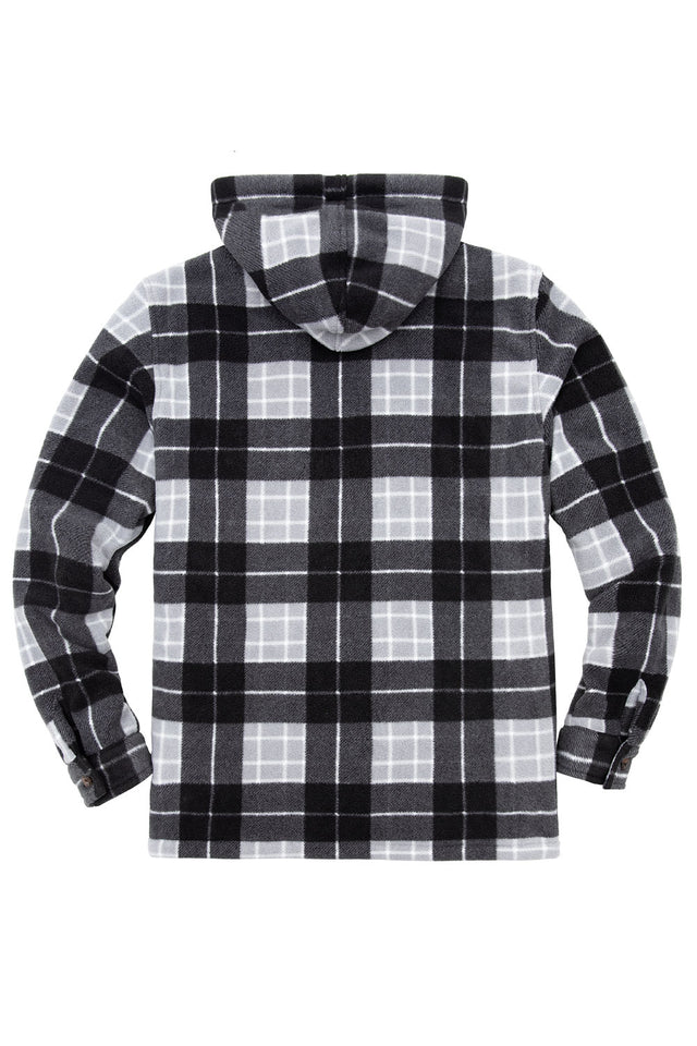 Back view of black men's fleece plaid shirt jacket with removable hood