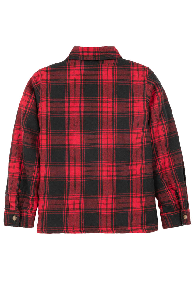 Back view of red toddler sherpa lined flannel plaid shacket