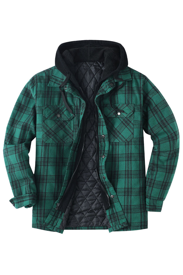 Men's Thicken Quilted Lined Plaid Hooded Flannel Jacket