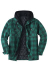 Front view of green men's thicken plaid hooded flannel shirt jacket