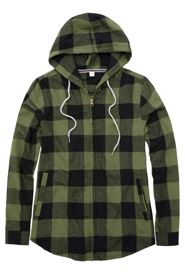 Women's Hooded Plaid Brushed Flannel Shirt,Full Zip Flannel Hoodie