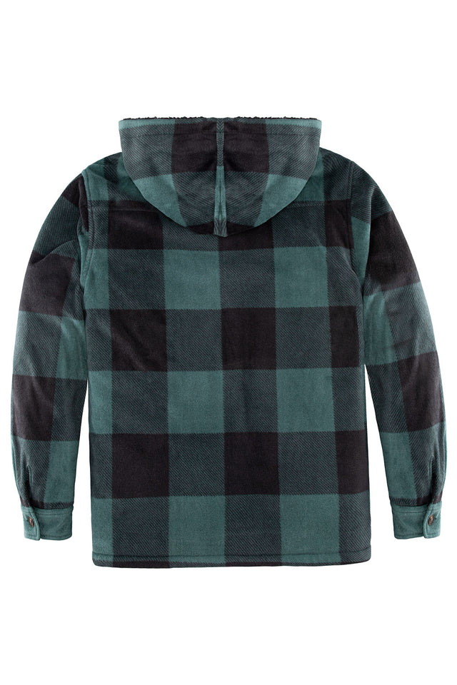 Back view of green men's fleece plaid shirt jacket with removable hood