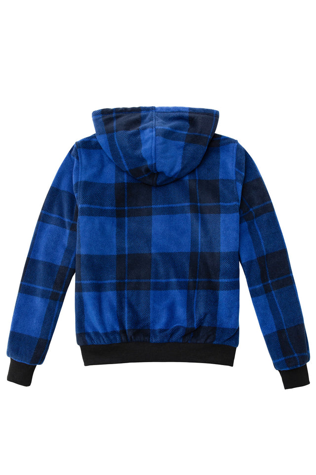 Back view of blue plaid men's thick sherpa lined plaid hoodie