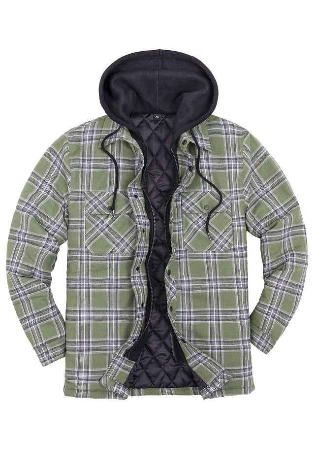 Front view of green white men's cozy thick plaid hooded flannel shirt jacket