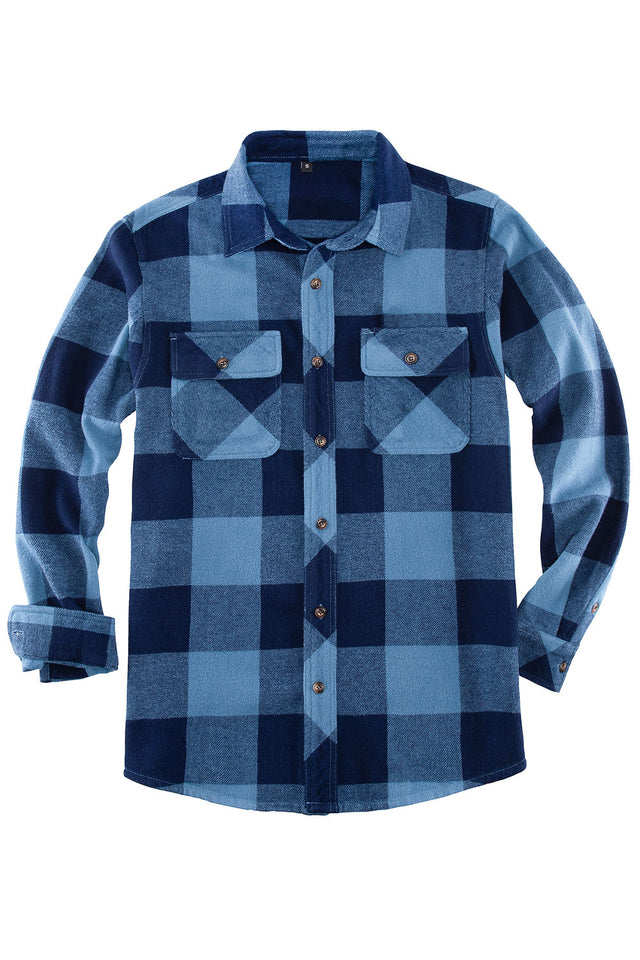 Front view of blue plaid men's stalwart heavyweight flannel shirt 