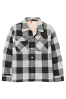 Front view of checkered grey toddler sherpa lined snap flannel plaid shacket