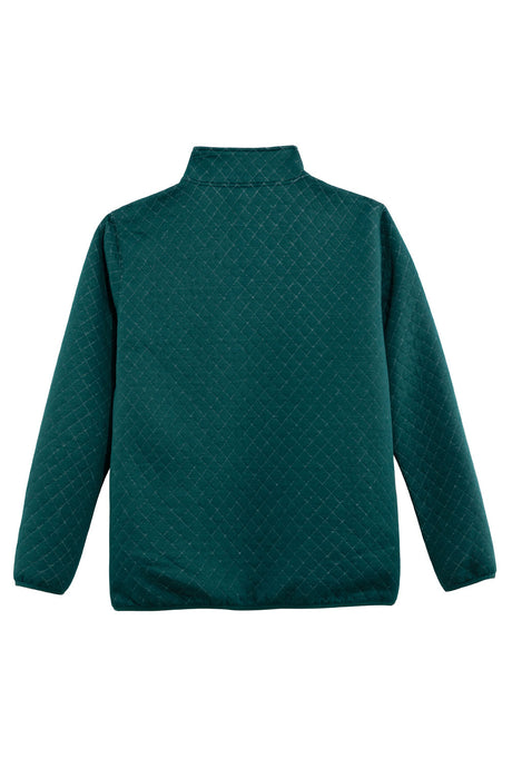 Back view of ink green men's quilted fleece pullover outdoor shirt 