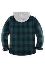 Back view of forest green men's button down plaid flannel shirt jacket with hood