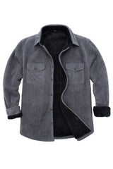 Front view of twill light grey men's warm sherpa lined fleece shirt jacket