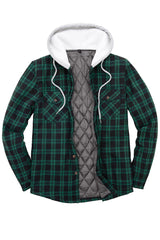 Men's Quilted Lined Button Down Plaid Flannel Shirt Jacket with Hood