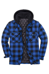 Front view of blue buffalo plaid men's thicken plaid hooded flannel shirt jacket