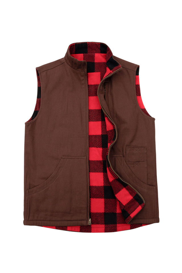 Men's Reversible Vest Plaid Fleece Lined Outdoor Work Travel Vests