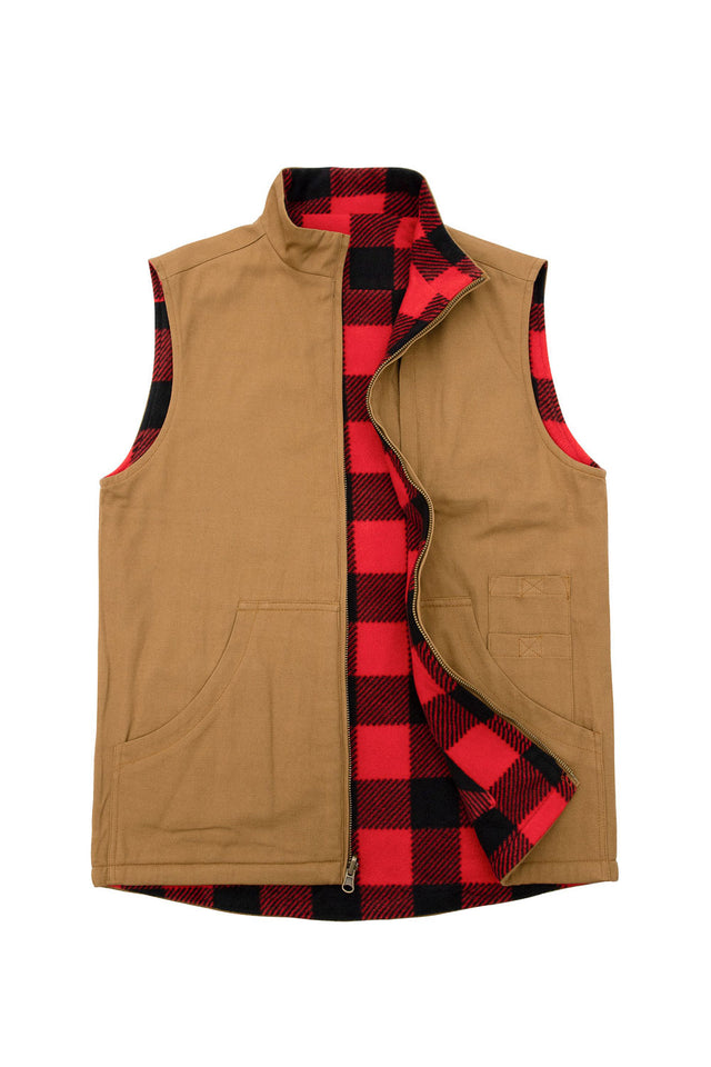 Men's Reversible Vest Plaid Fleece Lined Outdoor Work Travel Vests