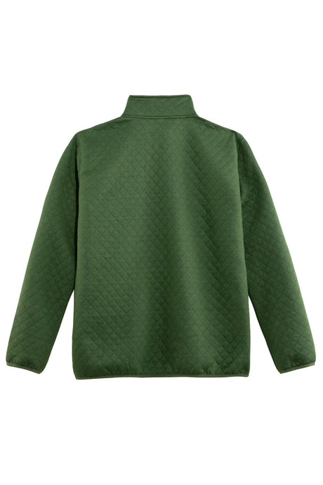 Back view of army green men's quilted fleece pullover outdoor shirt 