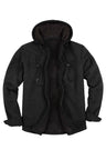 Front view of solid black men's sherpa lined flannel jacket with hood