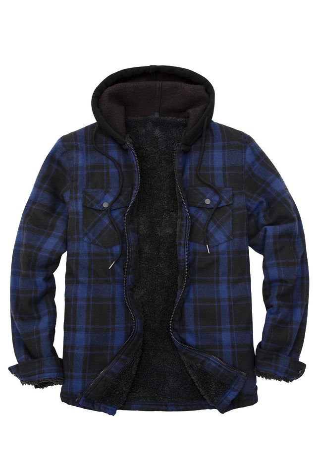 Front view of night blue men's zipper flannel shirt jacket with hood 