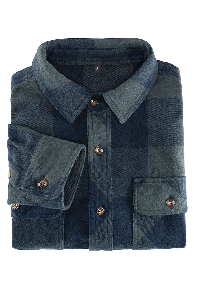 A high view of folded ink green men's stalwart heavyweight flannel plaid shirt